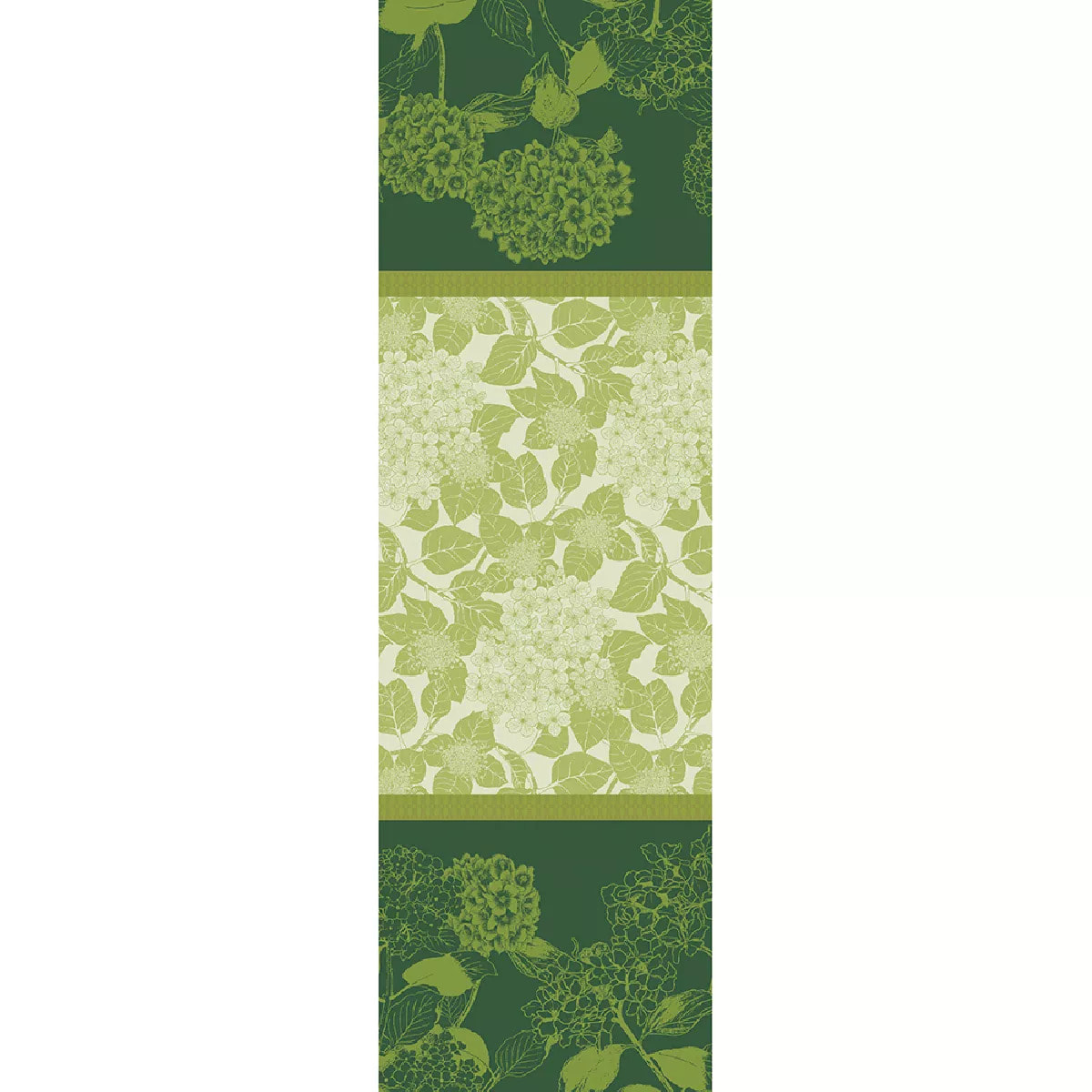 Chemin de table pur coton motif jacquard vert Mille hortensias vert