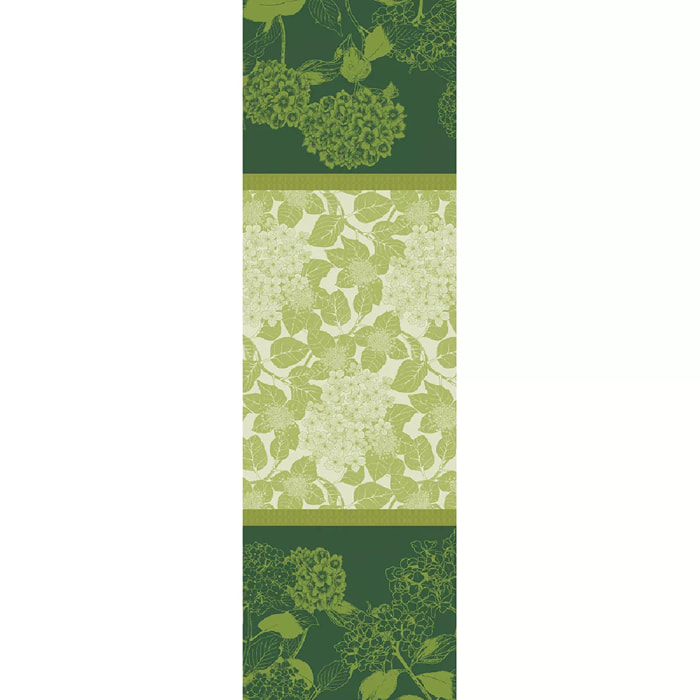 Chemin de table pur coton motif jacquard vert Mille hortensias vert