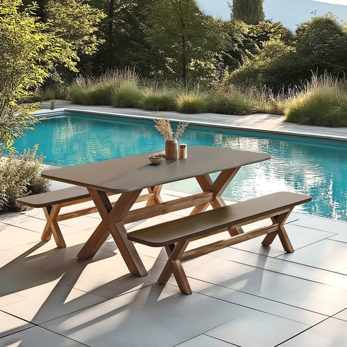 NESTOR - Ensemble table et bancs effet béton marron pieds en bois d'acacia