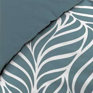 Parure de lit 3 pièces en coton feuille design housse + taies - Bleu