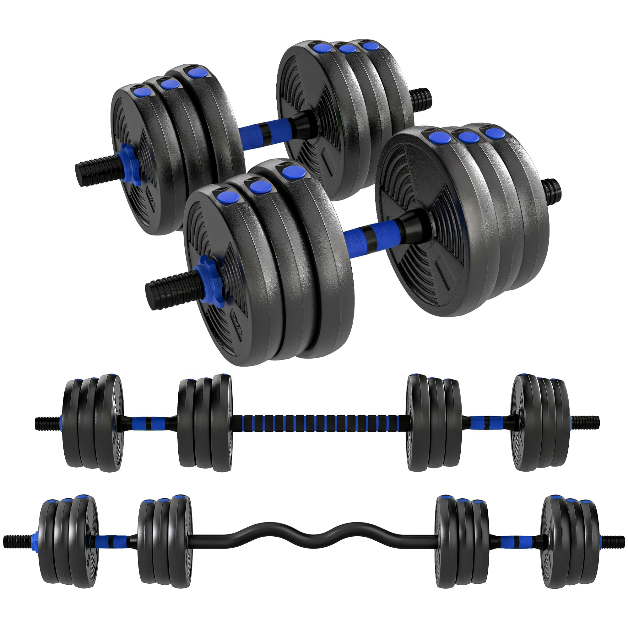 Ensemble d'haltères musculation multifonction 3 en 1 - haltères, Olympic barre, Curl EZ barre - total 25Kg - PVC bleu noir