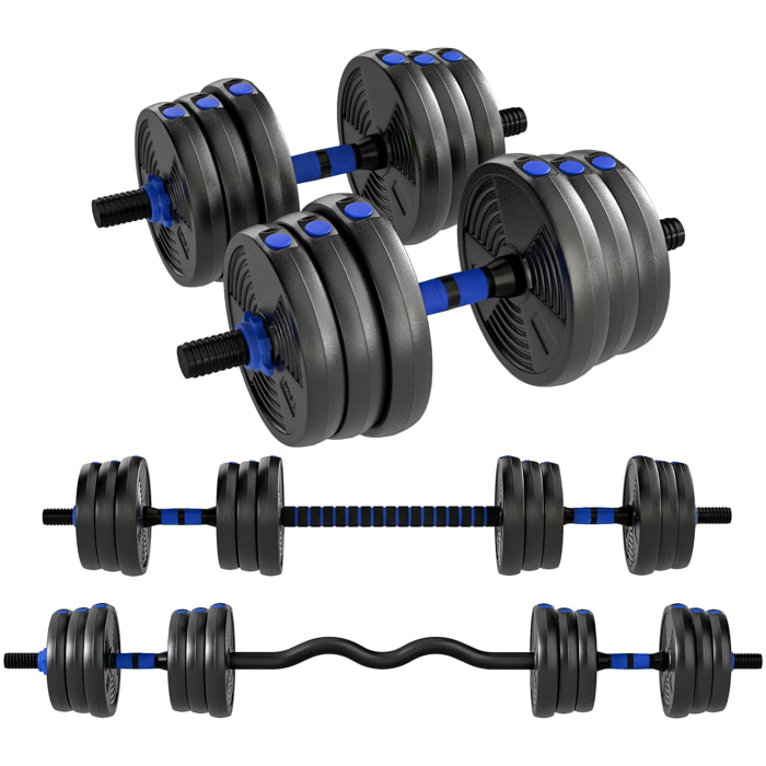 Ensemble d'haltères musculation multifonction 3 en 1 - haltères, Olympic barre, Curl EZ barre - total 25Kg - PVC bleu noir