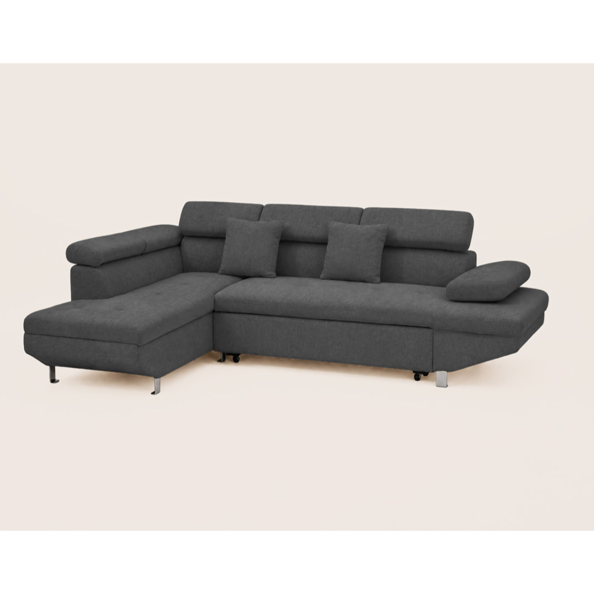 Margaux - Canapé d'angle gauche 5 places convertible avec coffre et têtières réglables en velours texturé - Gris