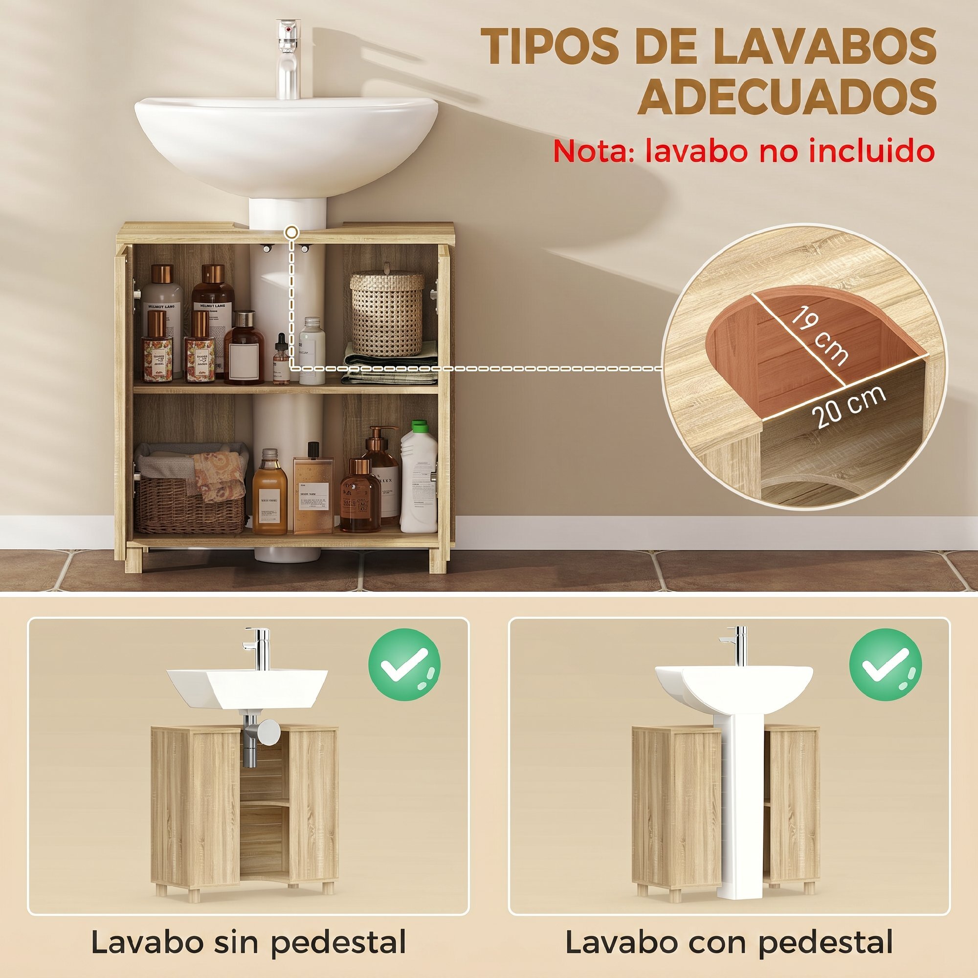 Mueble Bajo Lavabo, Mueble de Baño con Estante Ajustable, Puertas de Listones y Apertura por Presión, para Lavabo con Pedestal o Pared, 60x30x60 cm, Natural