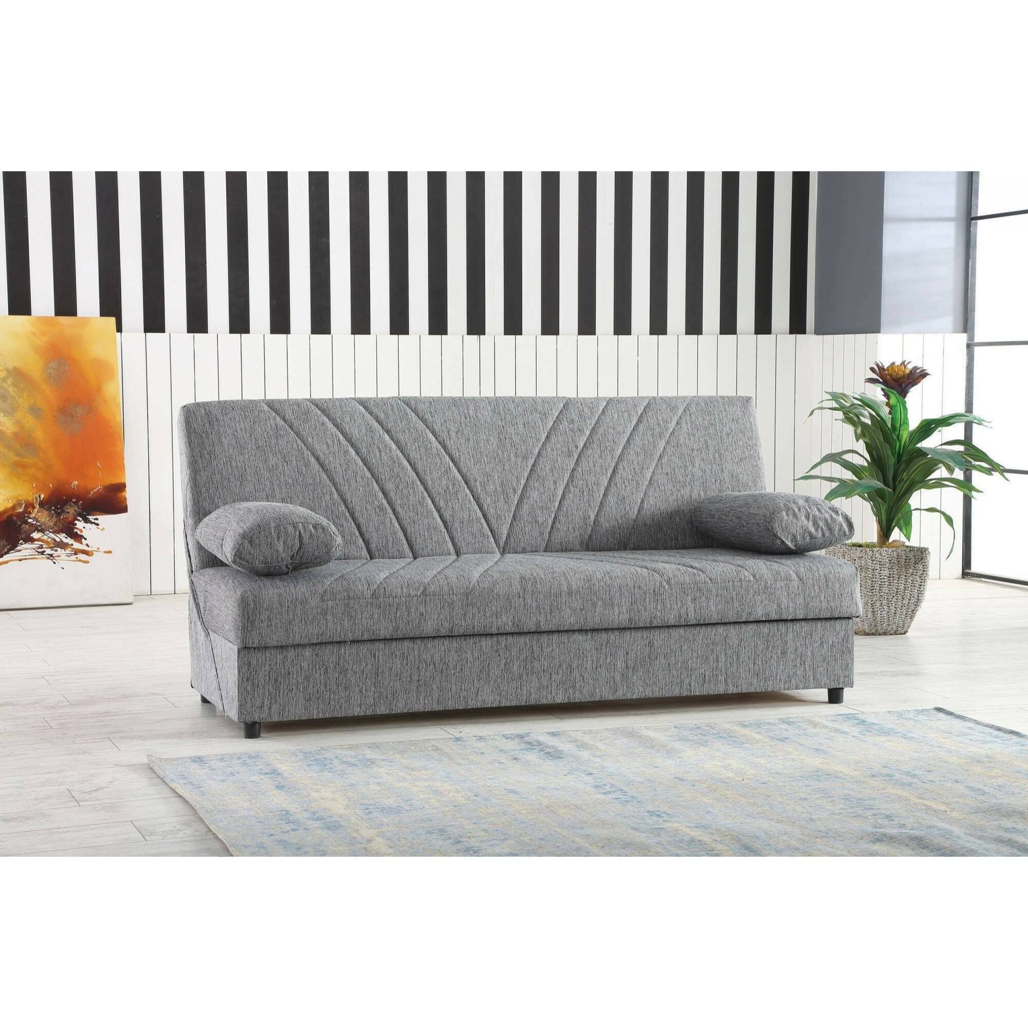 Divano letto Ramon, Divano letto contenitore a 3 posti con 2 cuscini inclusi, Sofà da soggiorno in tessuto imbottito con apertura click-clack, Cm 181x81h88, Grigio