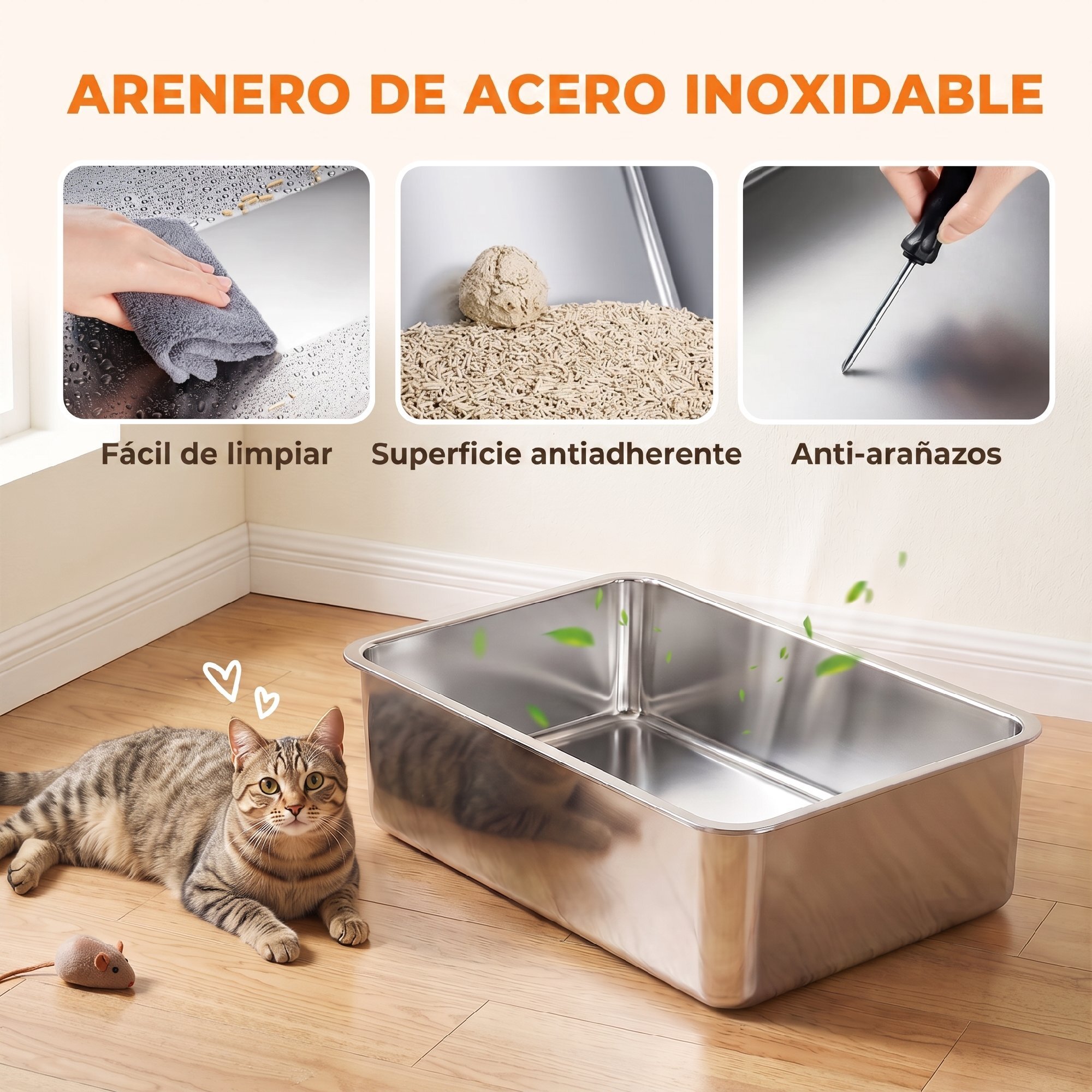 Juego de 2 Areneros Gatos de Acero Inoxidable XL Caja de Arena Grande con Borde Alto, 2 Palas, para Gatos Grandes y Gatitos Múltiples, Fácil de Limpiar, Antifugas, Antiadherente, Gris Oscuro