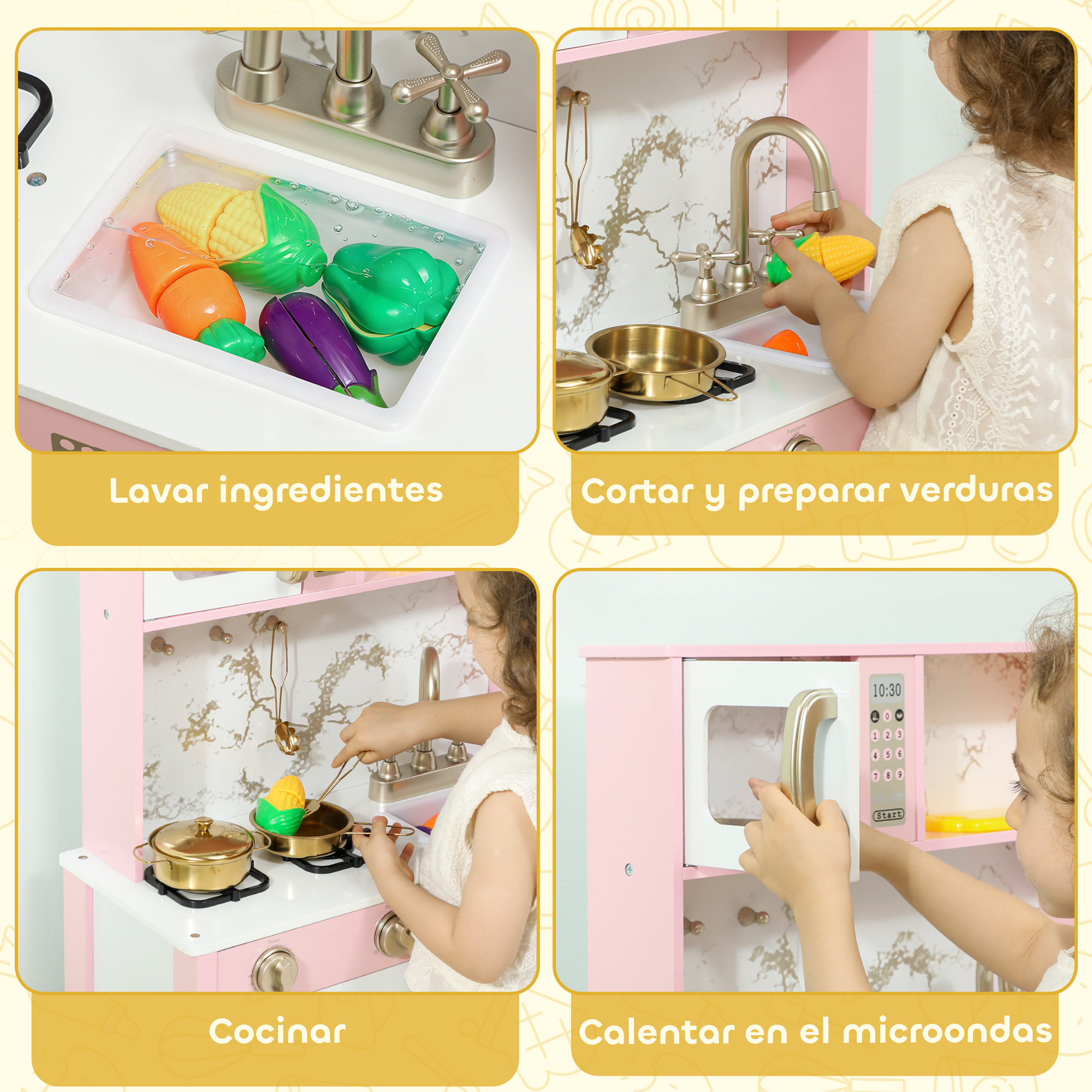 Cocina de Juguete de Madera con Sonido, Cocinita Infantil con Accesorios de Acero Inoxidable, Microondas, Horno, Fregadero, Verduras para Cortar, para Niños a Partir de 3 Años, Rosa