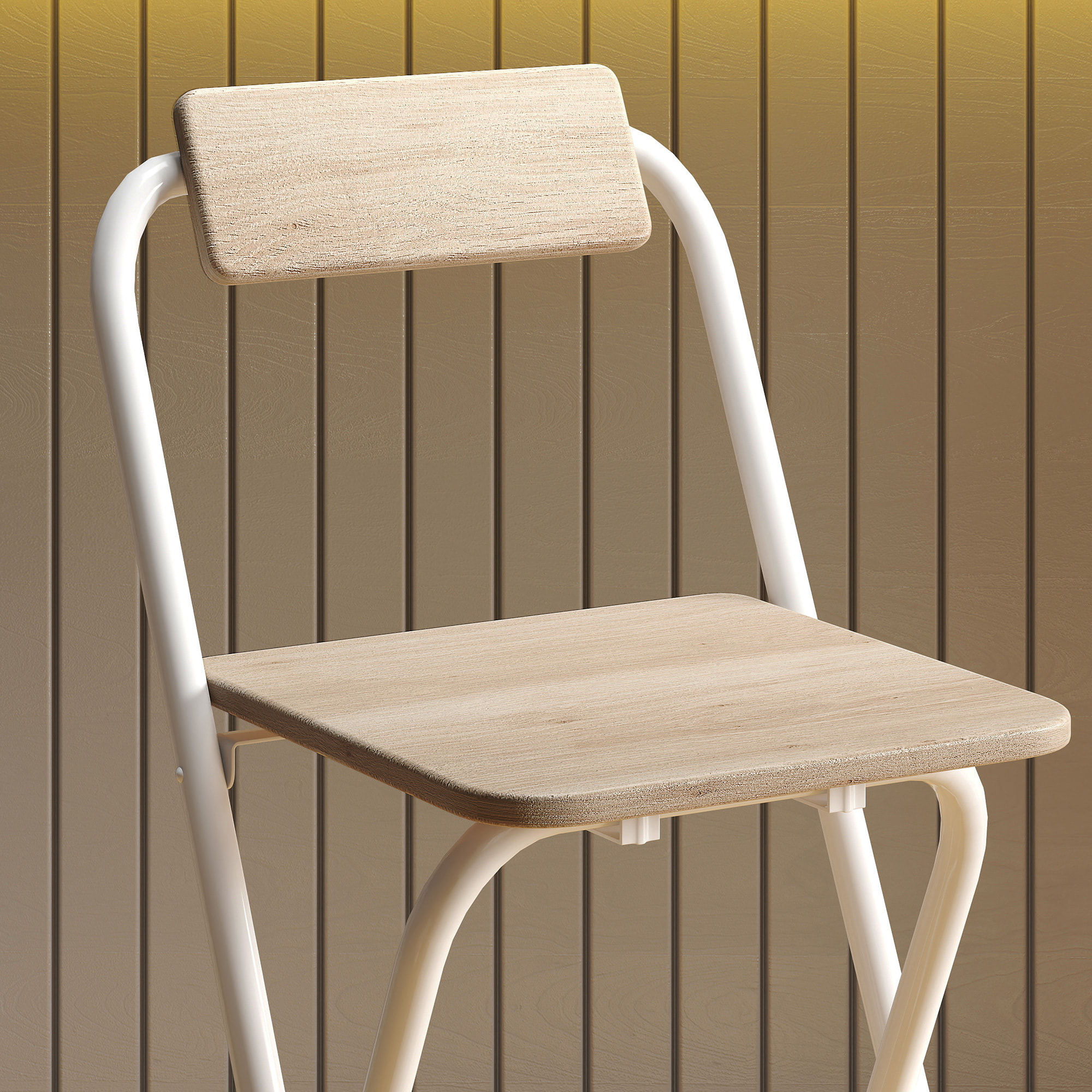 Lot de 2 tabourets de bar pliants avec dossier et repose-pieds acier blanc effet bois clair