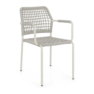 Set di 4 sedie con braccioli MIRANDA in alluminio beige e corda tortora, impilabili