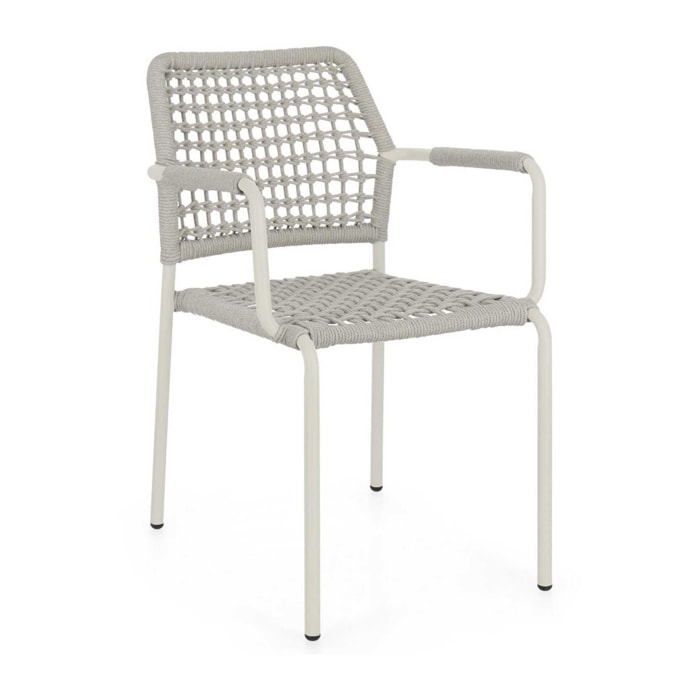 Set di 4 sedie con braccioli MIRANDA in alluminio beige e corda tortora, impilabili