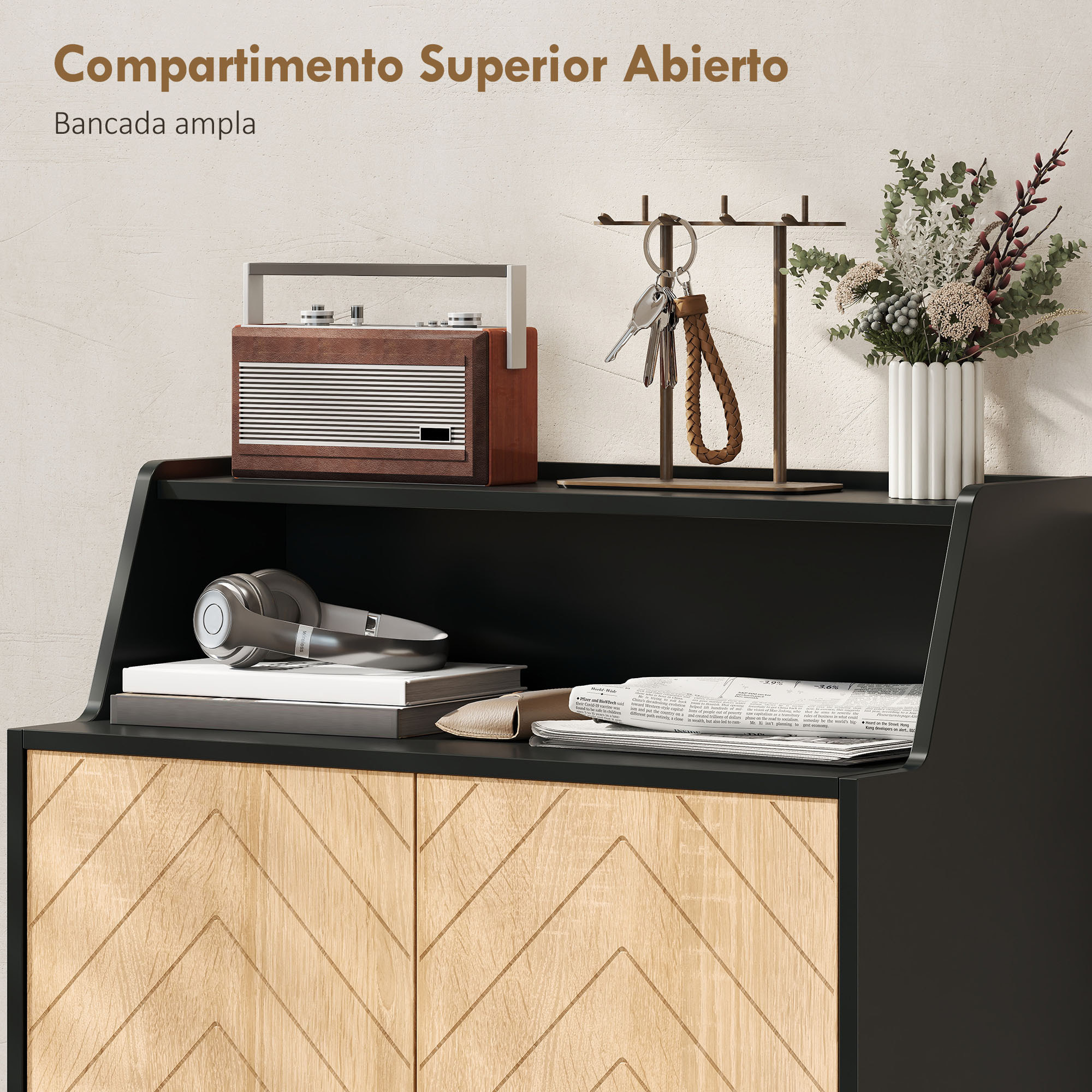 Zapatero de 2 Puertas en Espiga, Zapatero Entrada Recibidor con Estantes Ajustables, Compartimento Abierto y Patas de Madera, para 15 Pares de Zapatos, 75x35x104 cm, Negro y Natural