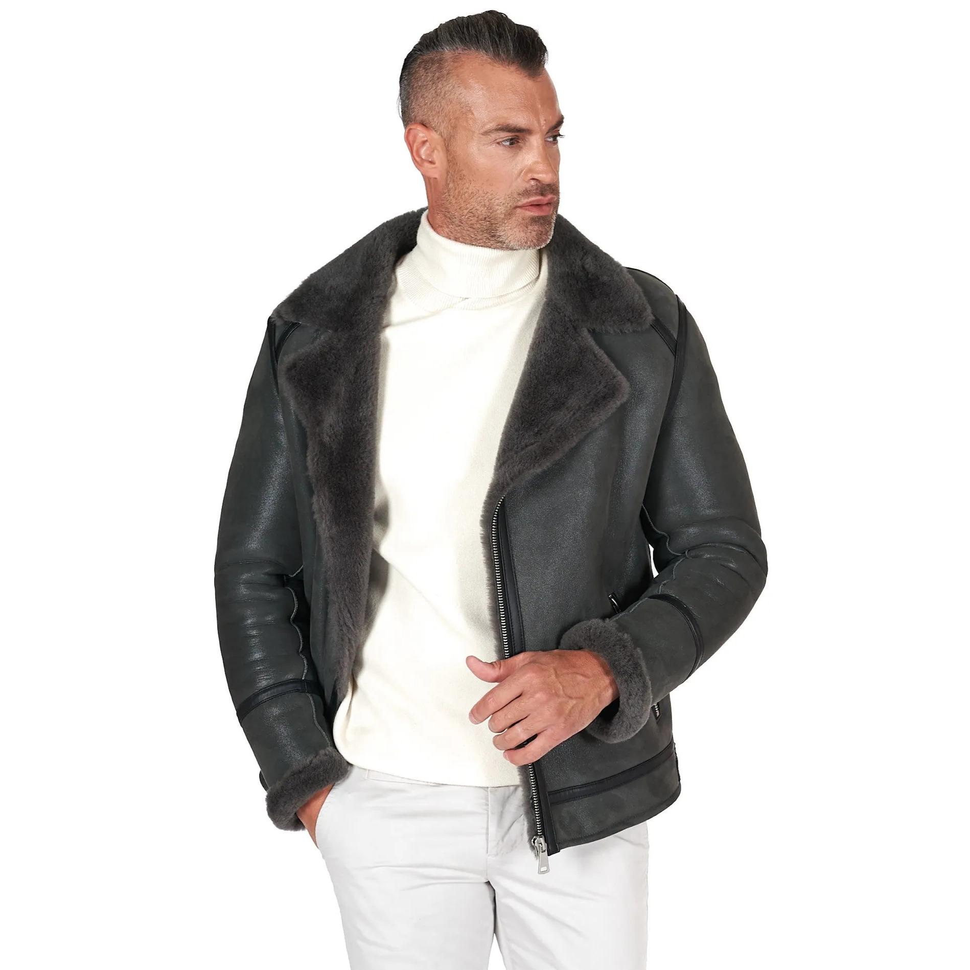 Chiodo Montone Shearling grigio con cerniera trasversale