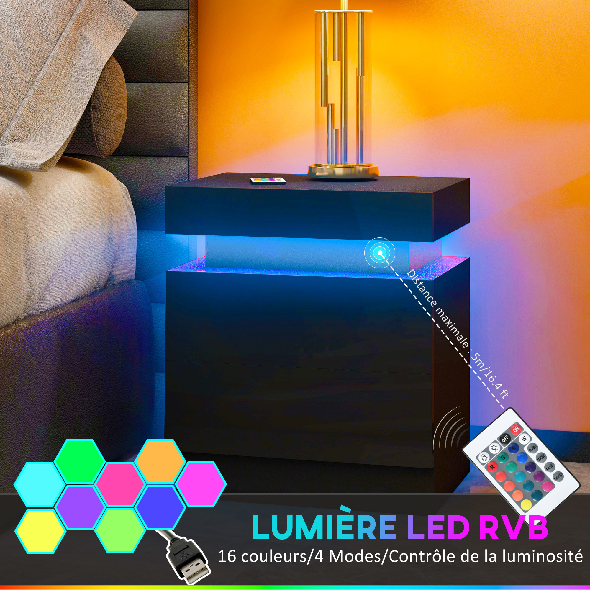 Chevet table de nuit design LED réglable 2 tiroirs façade laquée télécommande noir