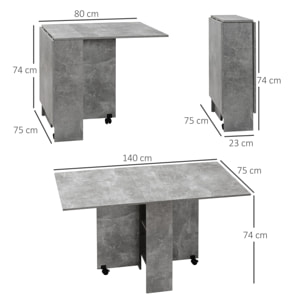 Mesa Plegable de Comedor Mesa de Cocina Plegable con Ruedas Alas Abatibles y Estantes Mesa Plegable para 4-6 Personas 75x140x74 cm Gris Cemento