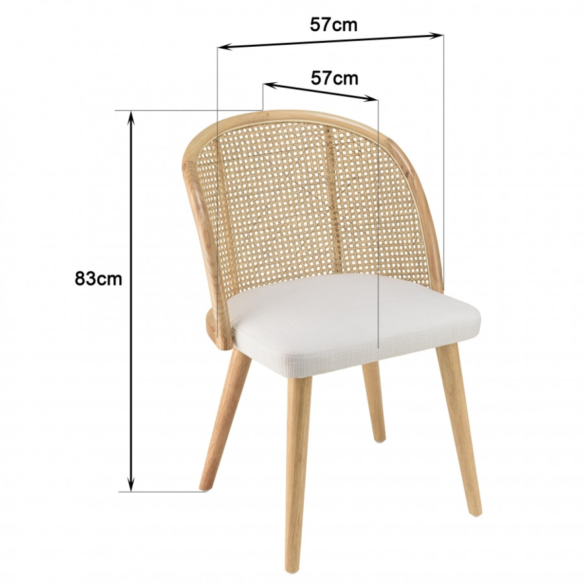 ALBANE - Chaise bois d'Hévéa assise tissu blanc dossier arrondi rotin