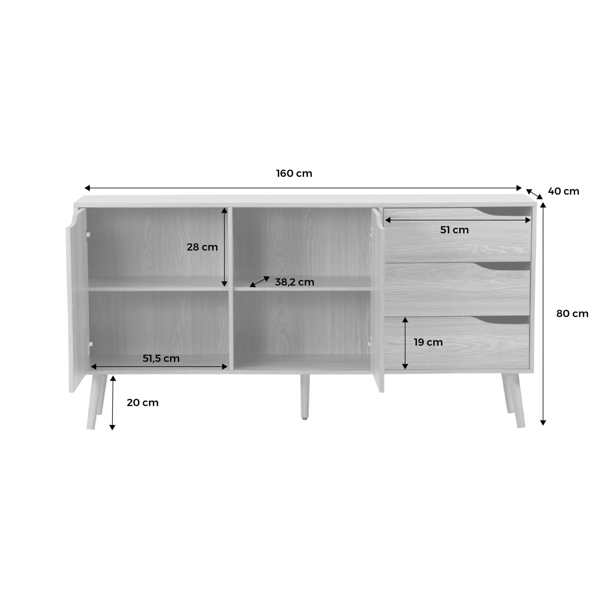 Buffet de rangement scandinave. buffet haut. vaisselier. 2 portes. 3 tiroirs. effet frêne. 160cm