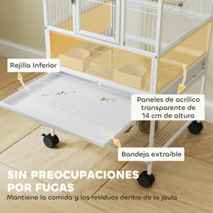 Jaula para Pájaros Jaula Grande con Ruedas Paneles Acrílicos Comederos Perchas Estante Bandejas Extraíbles Pajarera para Loros Canarios 48x46x83 cm Blanco