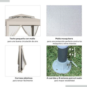 Carpa de Jardín 3x3 m Cenador Desmontable de Exterior Gazebo con 4 Mosquiteras Laterales Techo Doble y Marco Metálico Anti-UV Impermeable Pabellón para Terraza Patio Beige