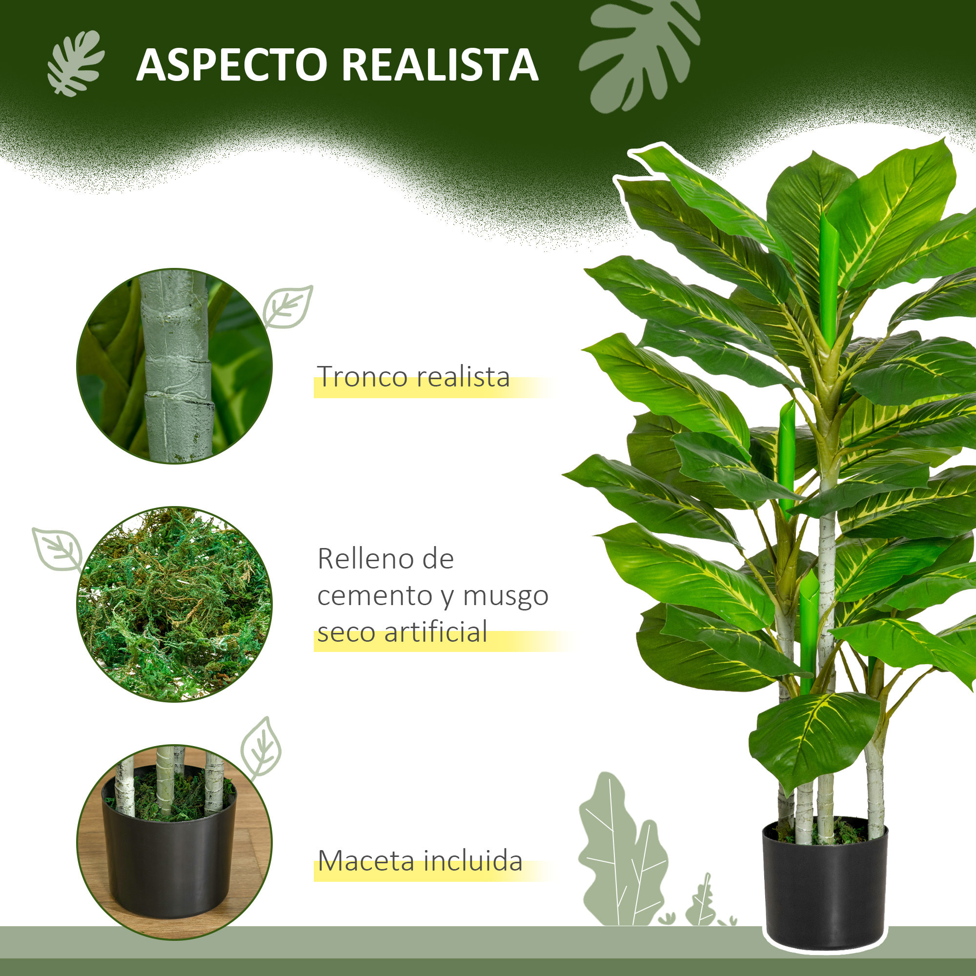 Conjunto de 2 Plantas Artificiales 95 cm Árboles Artificiales con 33 Hojas y Maceta para Interior y Exterior Decoración Salón Oficina Verde