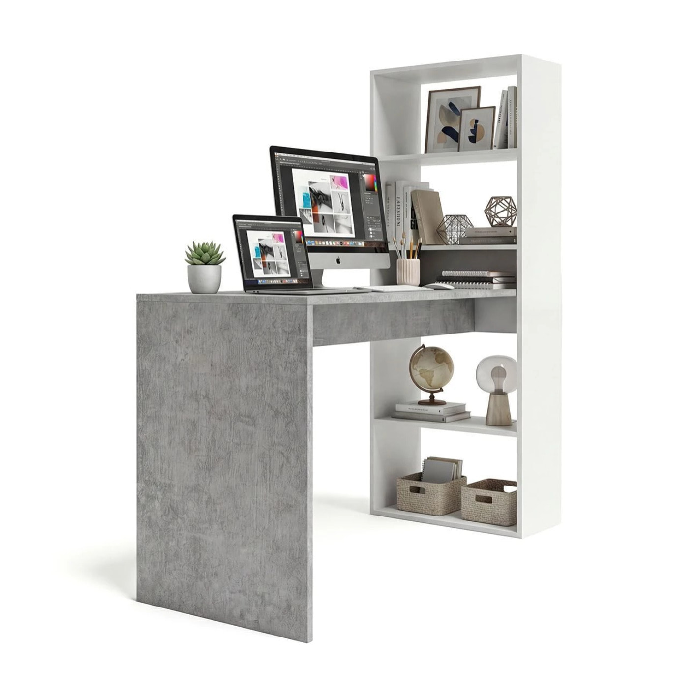 Mesa de escritorio con estantería en blanco artik y gris cemento 120x50 cm Cosmic Blanco Artik (Blanco Mate) - Gris Cemento
