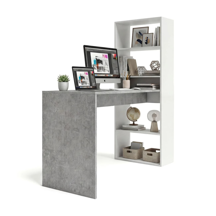 Mesa de escritorio con estantería en blanco artik y gris cemento 120x50 cm Cosmic Blanco Artik (Blanco Mate) - Gris Cemento