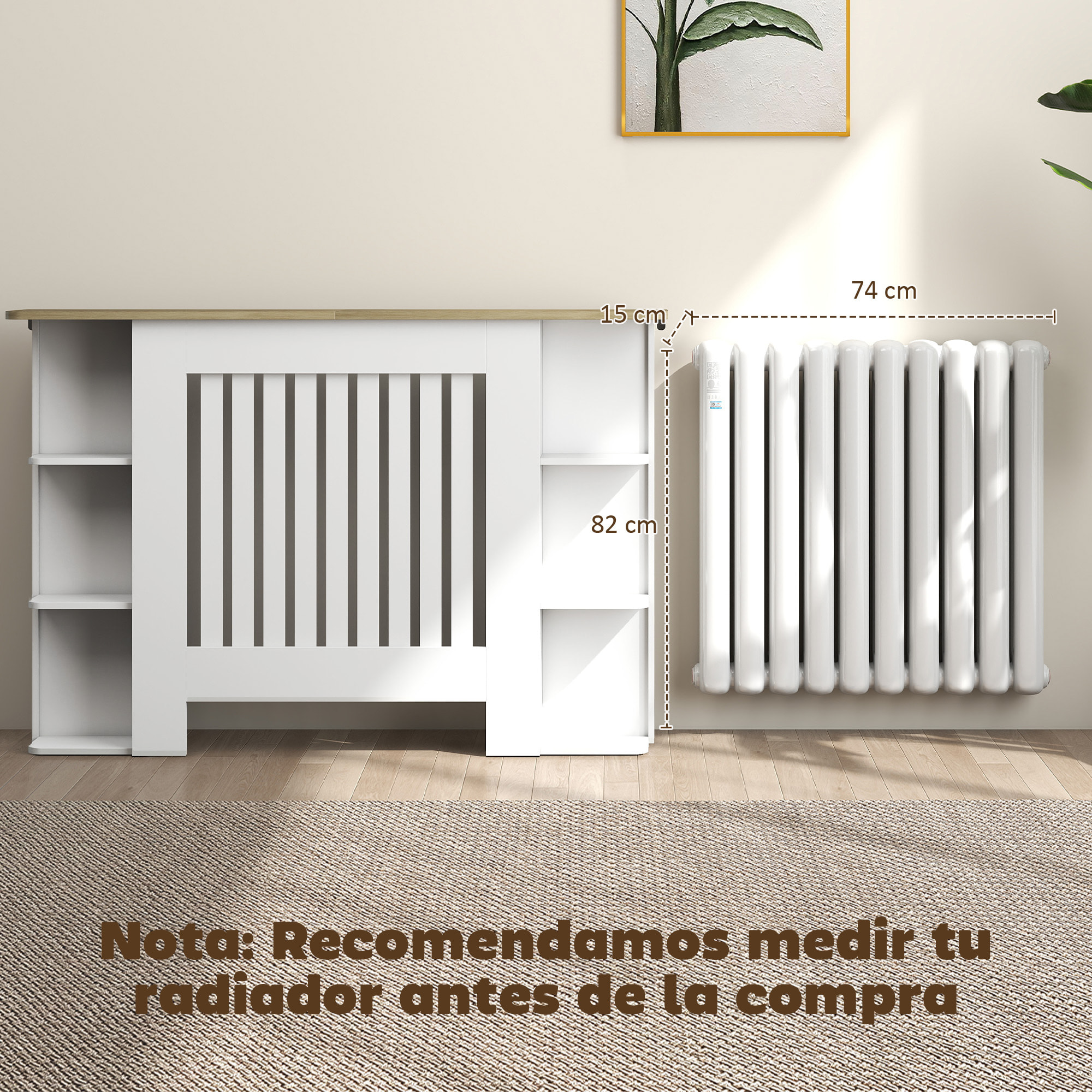 Cubre Radiadores con Estantes, Cubreradiador de MDF, Cubierta para Radiador, Diseño Moderno de Listones, para Salón, Dormitorio, 124x19x83 cm, Blanco