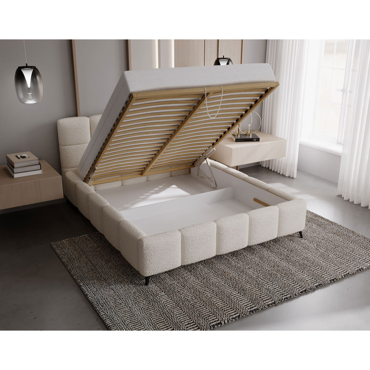 Paulito - lit coffre - 140x200 cm - sommier inclus - en tissu bouclette - Beige
