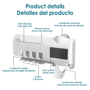 Sterilizzatore e supporto per 4 spazzolini da denti con dosatore di dentifricio. Pannello solare.