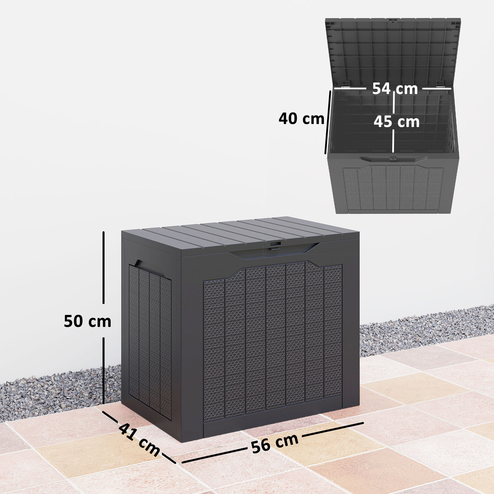 Outsunny Baúl de Almacenaje Exterior 97L Arcón de Jardín Exterior Pequeño de Plástico Impermeable con 2 Asas Integradas y Soporte para Candado 56x41x50 cm Negro