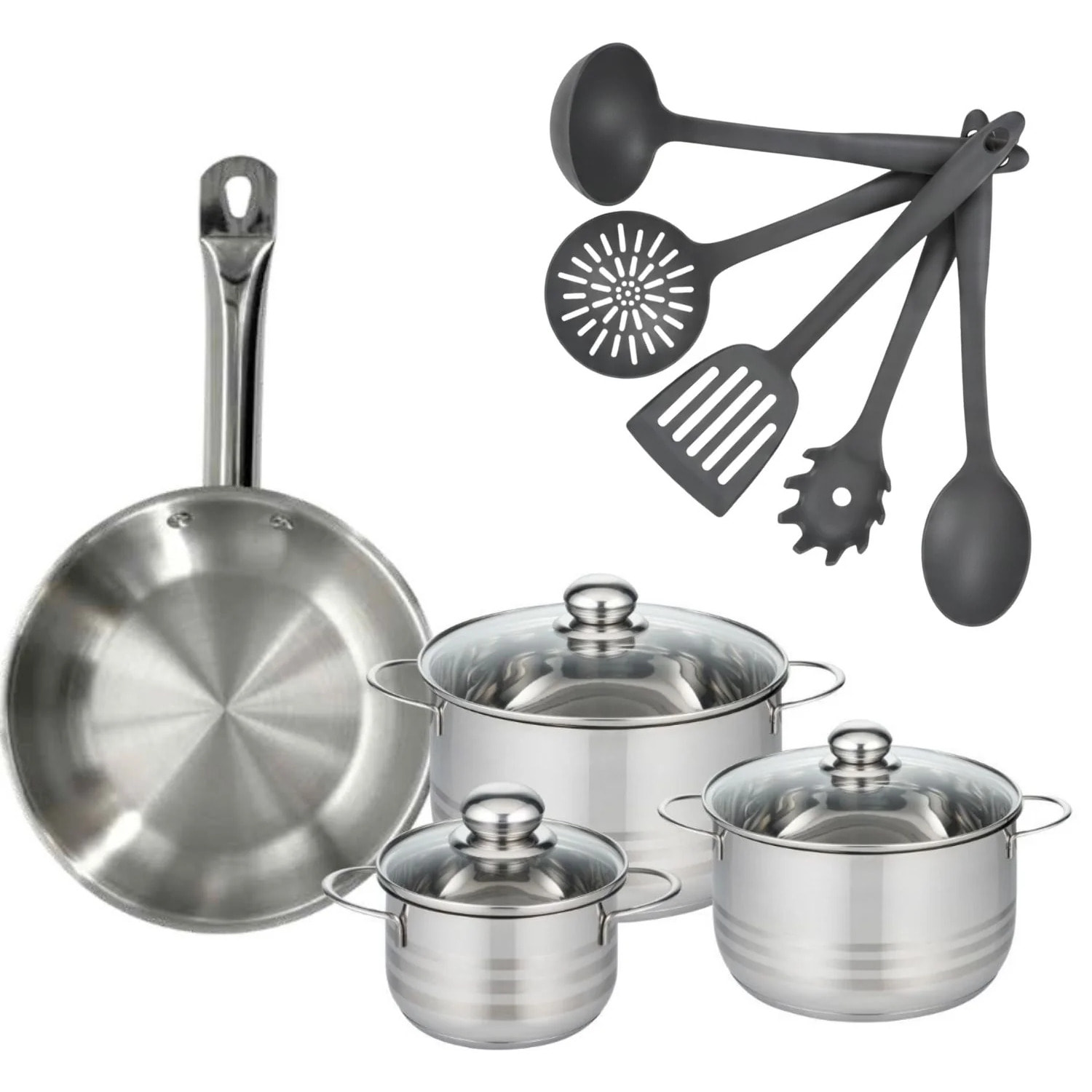 Set poêle en inox, faitouts inox et 5 ustensiles Fackelmann Eterna