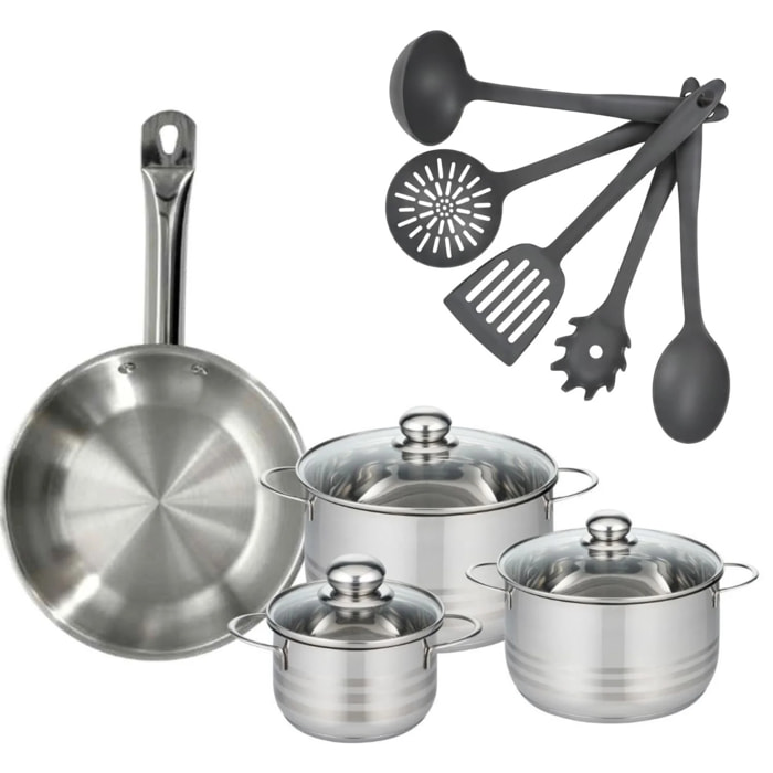 Set poêle en inox, faitouts inox et 5 ustensiles Fackelmann Eterna