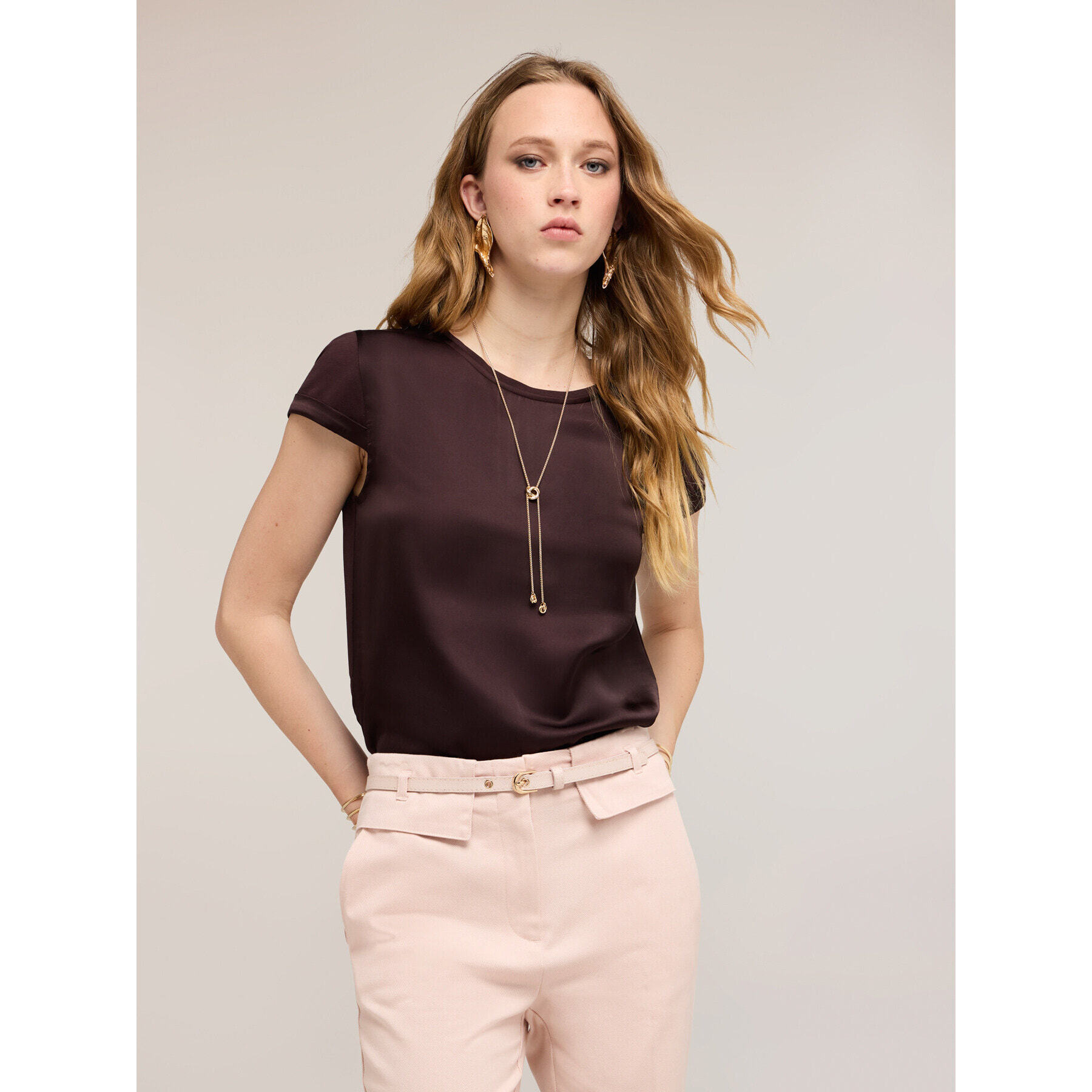 Motivi - T-shirt bimaterica - Marrone