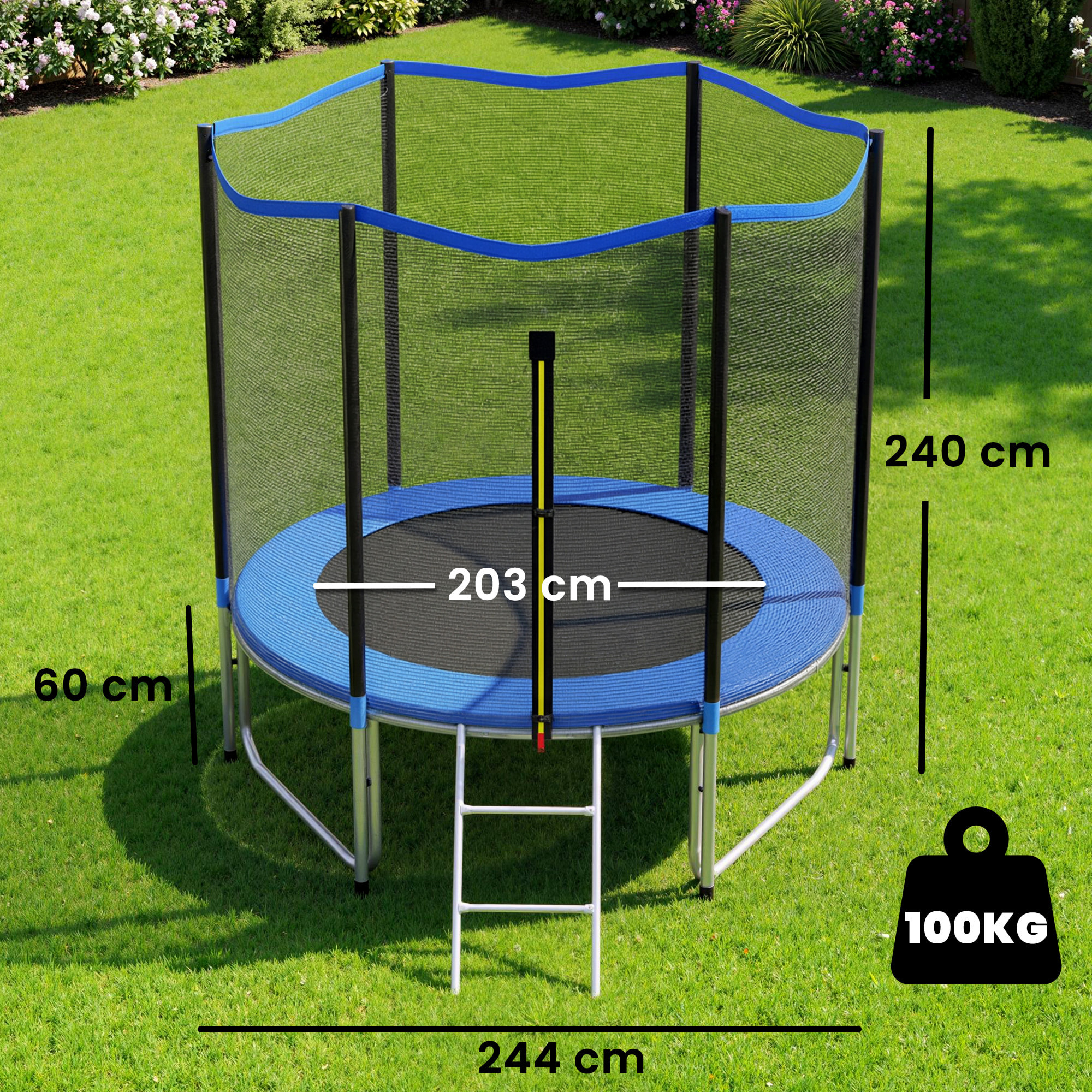 Cama Elástica para Niños Exterior Ø244 cm, Trampolín para Niños de +6 Años con Red de Seguridad, Escalera, Acolchado de Muelles y Marco de Acero Galvanizado, Carga 100 kg