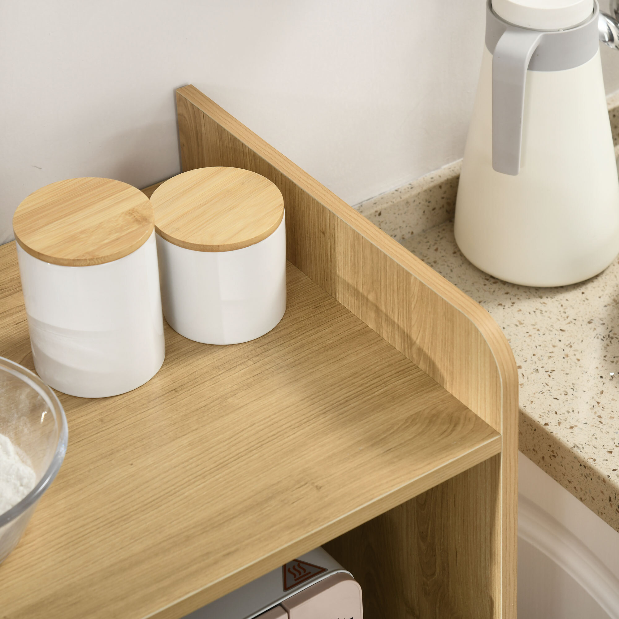 Mueble Microondas, Mueble Auxiliar de Cocina, Estilo Escandinavo con Armario, Cajón y Estante Ajustable, 58x40x118 cm, Natural y Blanco