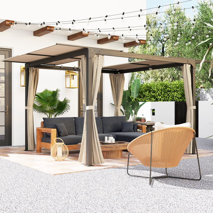 Pérgola de Aluminio 4,2x3 m Cenador de Jardín Gazebo con Techo Corredizo 4 Paredes Laterales y Orificios de Drenaje Pabellón para Patio Terraza Beige y Negro