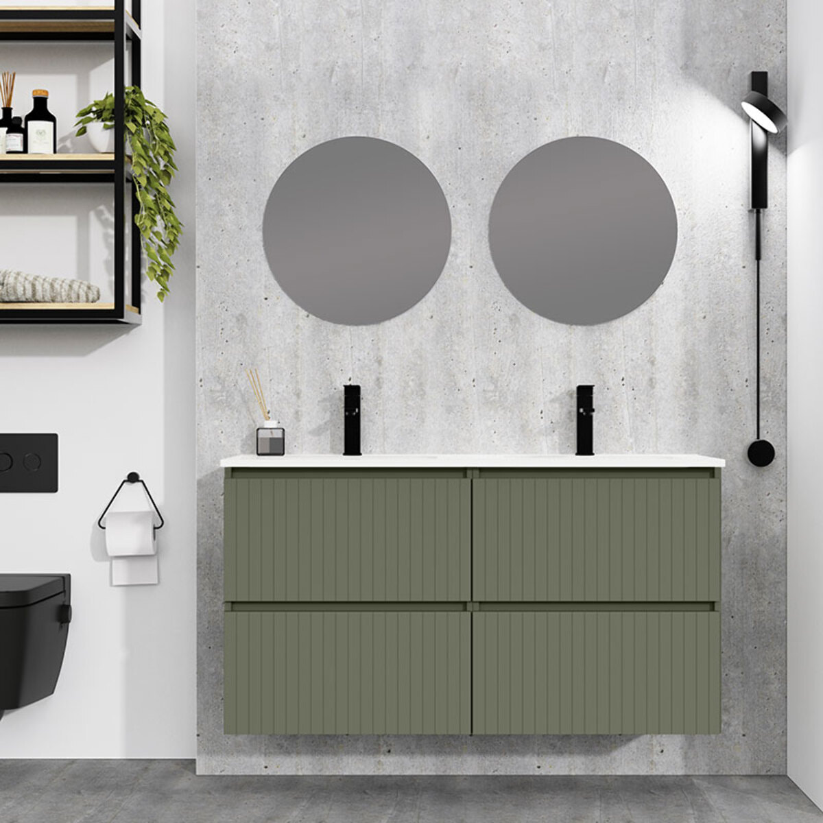 Conjunto de Baño Miya | Mueble de Baño Suspendido | 120 cm Verde Musgo| Cuatro Cajones | Lavabo Encastrado | No incluye Espejo | Alday