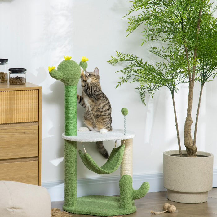 Árbol Rascador para Gatos con Forma de Cactus Altura 90 cm Torre para Gatos con Hamaca Plataforma Postes de Sisal y Bola Divertida 45x45x90 cm Verde