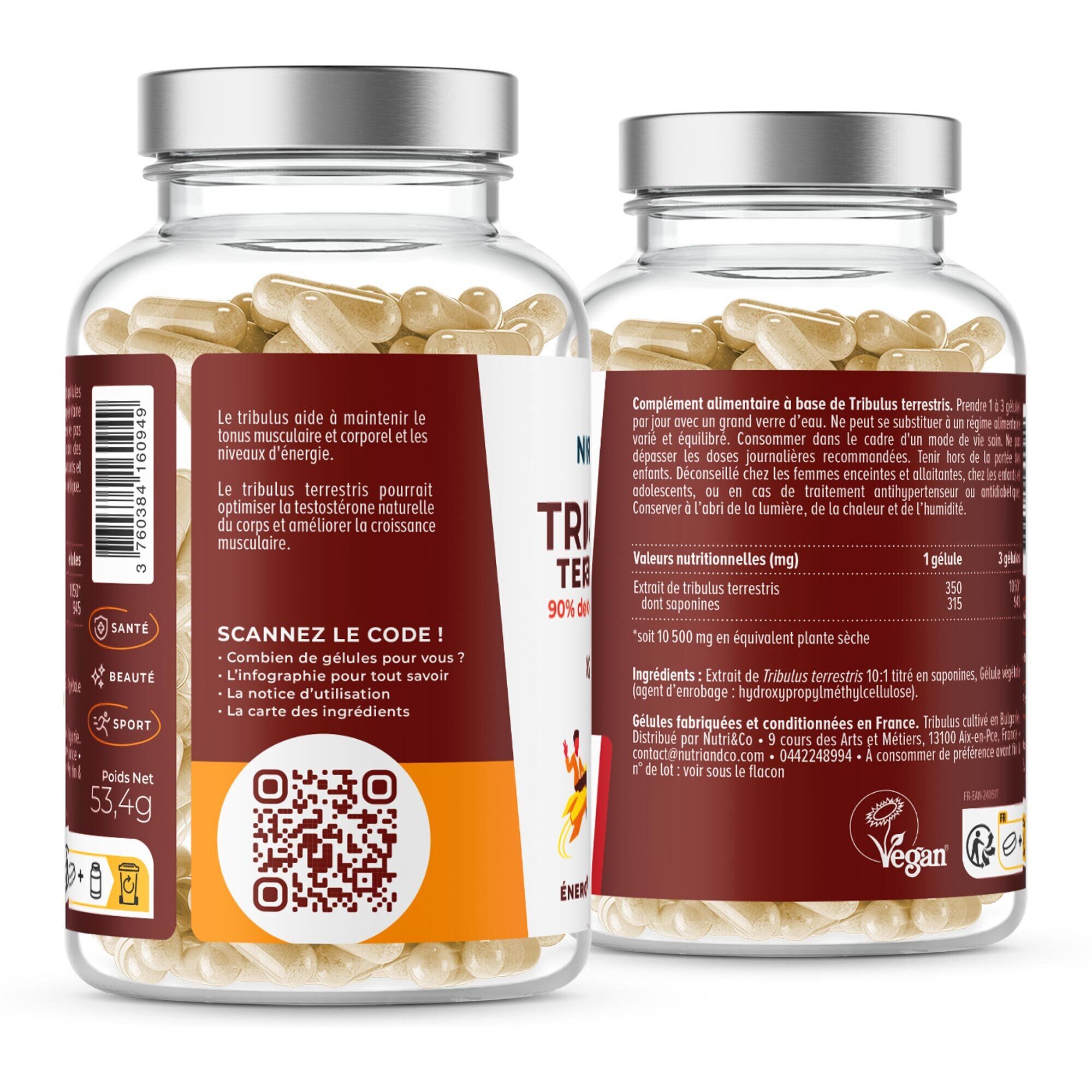 Nutri&Co Tribulus Terrestris - Extrait 100% Naturel concentré 10:1 - 120 gélules Vegan