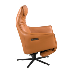 Sillón Angel Cerdá relax giratorio con reposabrazos con asiento y respaldo tapizados en piel de origen vacuno en marrón patas de acero inoxidable en epoxi negro con mecanismo relax eléctrico 78x70x115cm