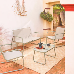 Salon de jardin kaki NOTO acier. 4 places. un canapé. une table. deux fauteuils textilene