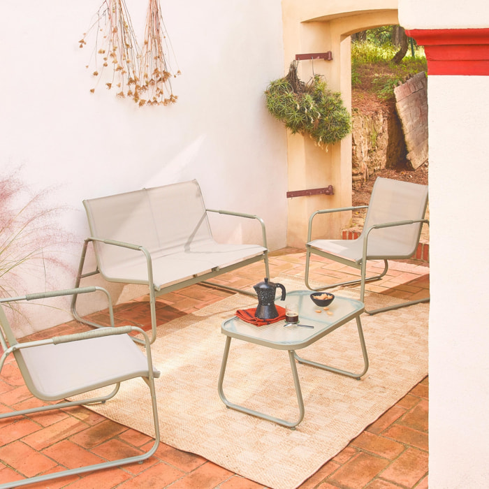 Salon de jardin kaki NOTO acier. 4 places. un canapé. une table. deux fauteuils textilene