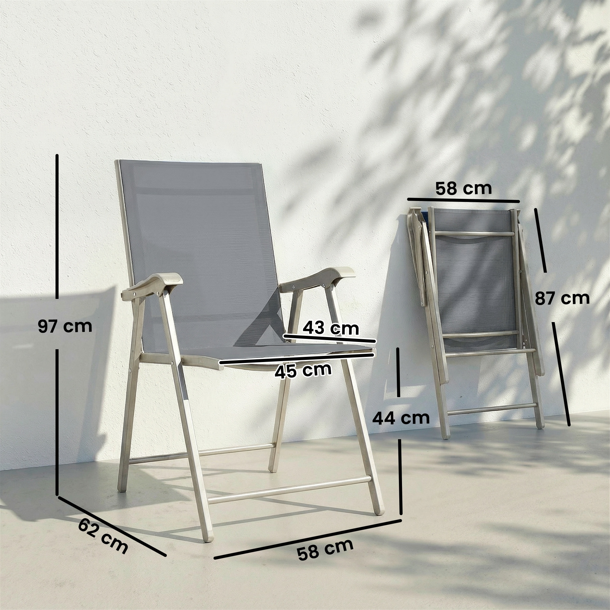 Pack de 4 Sillas de Camping Plegables, Sillas de Jardín Exterior con Respaldo Alto y Reposabrazos, Tela Textilene Transpirable y Marco de Acero para Terraza, Playa, 58x62x97 cm, Gris Claro