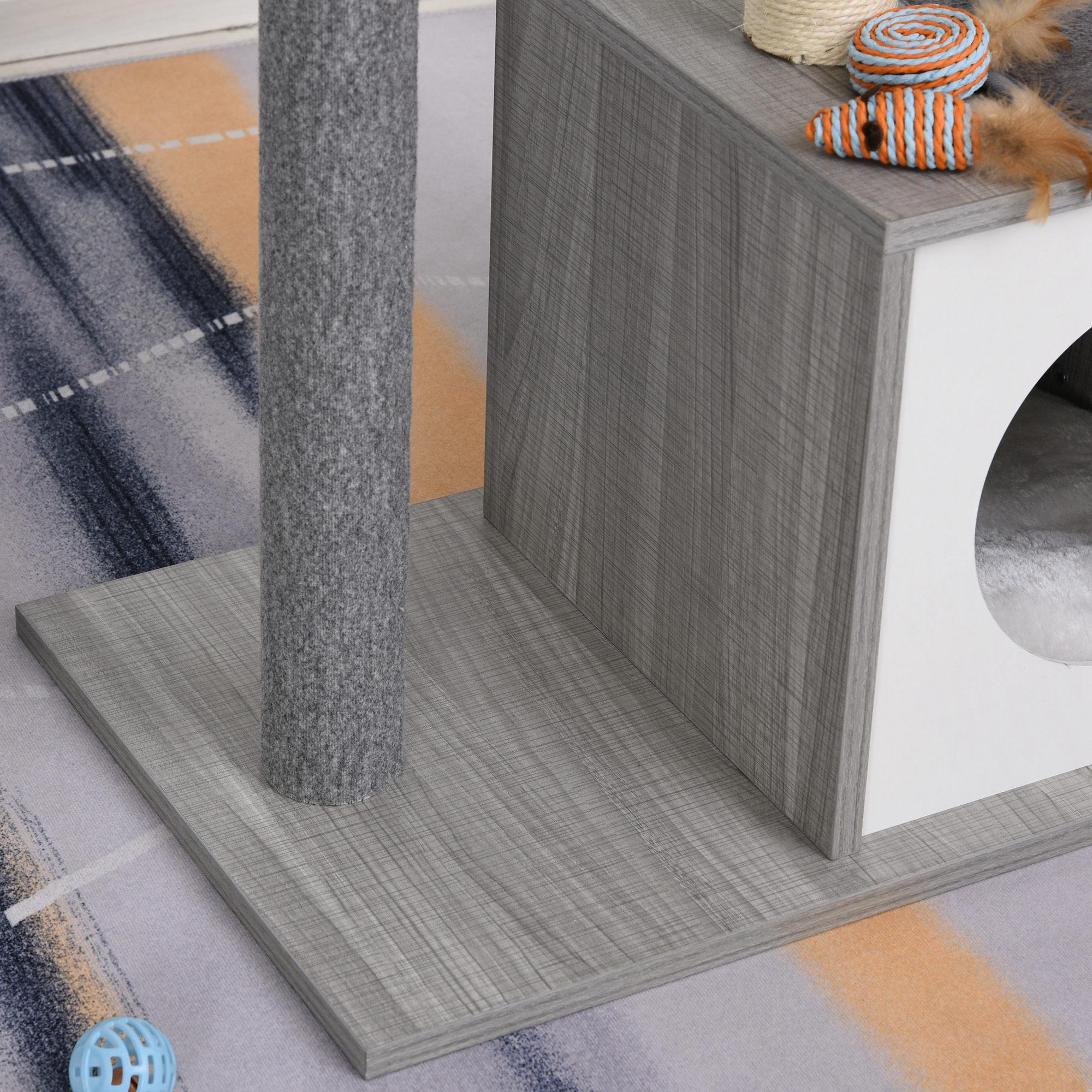 Arbre à chats design contemporain griffoir grattoir sisal naturel centre d'activités niche plateforme jeu boule suspendue gris