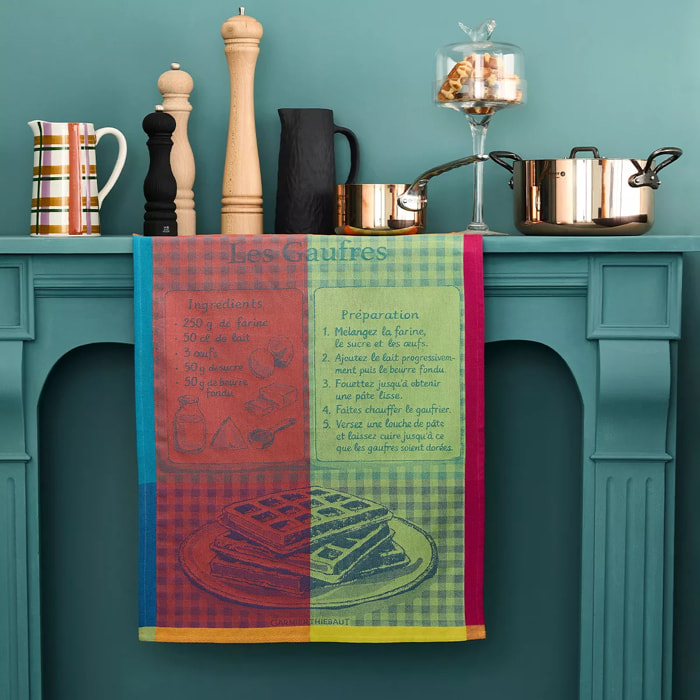 Torchon pur coton motif jacquard rose vert Les gaufres gourmand