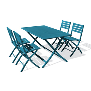 MARIUS - Ensemble repas de jardin 4 places en aluminium bleu canard