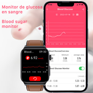 Smartwatch E500 con detección de glucosa en sangre, monitor de tensión y O2. ECG con medición en pecho. Pantalla de 1,8. Correa de cuero.