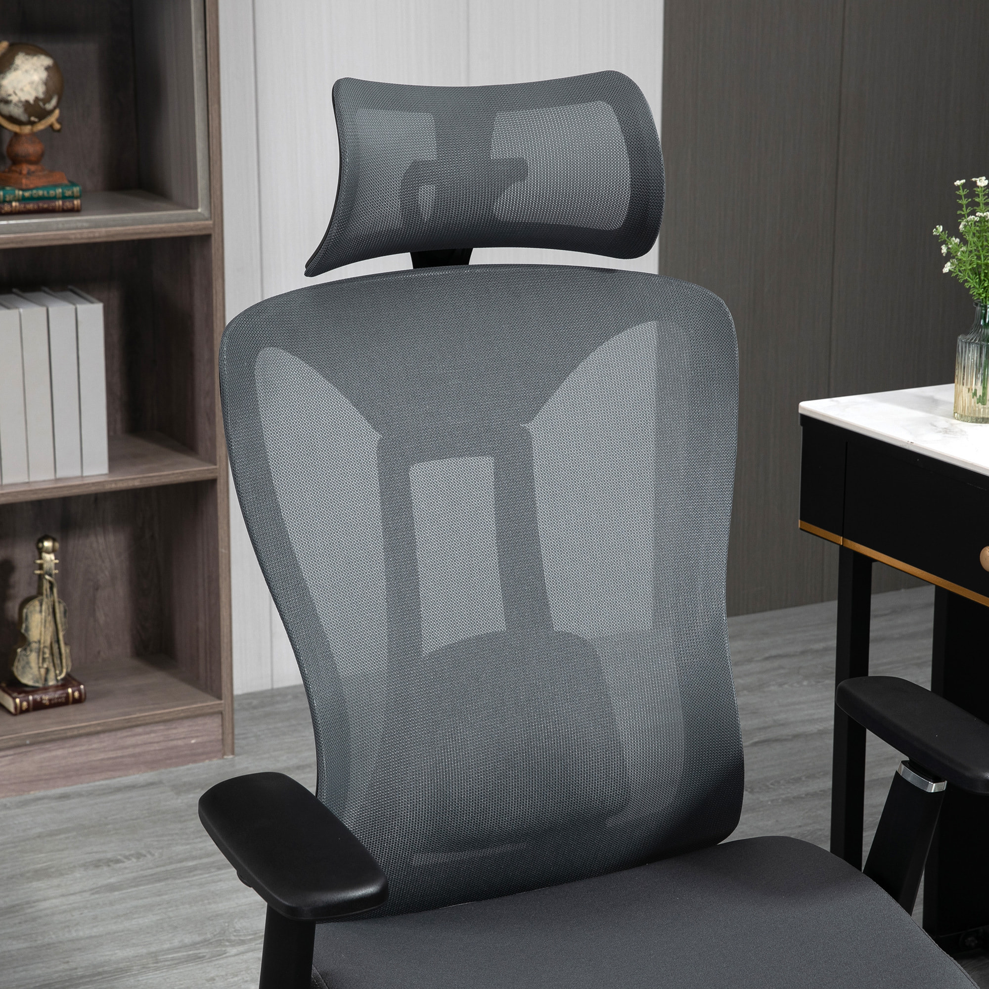 Vinsetto Silla de Oficina de Malla Silla de Escritorio Reclinable con Reposacabezas Ajustable Soporte Lumbar y Reposabrazos 3D Carga 150 kg 70x66x120-128 cm Gris