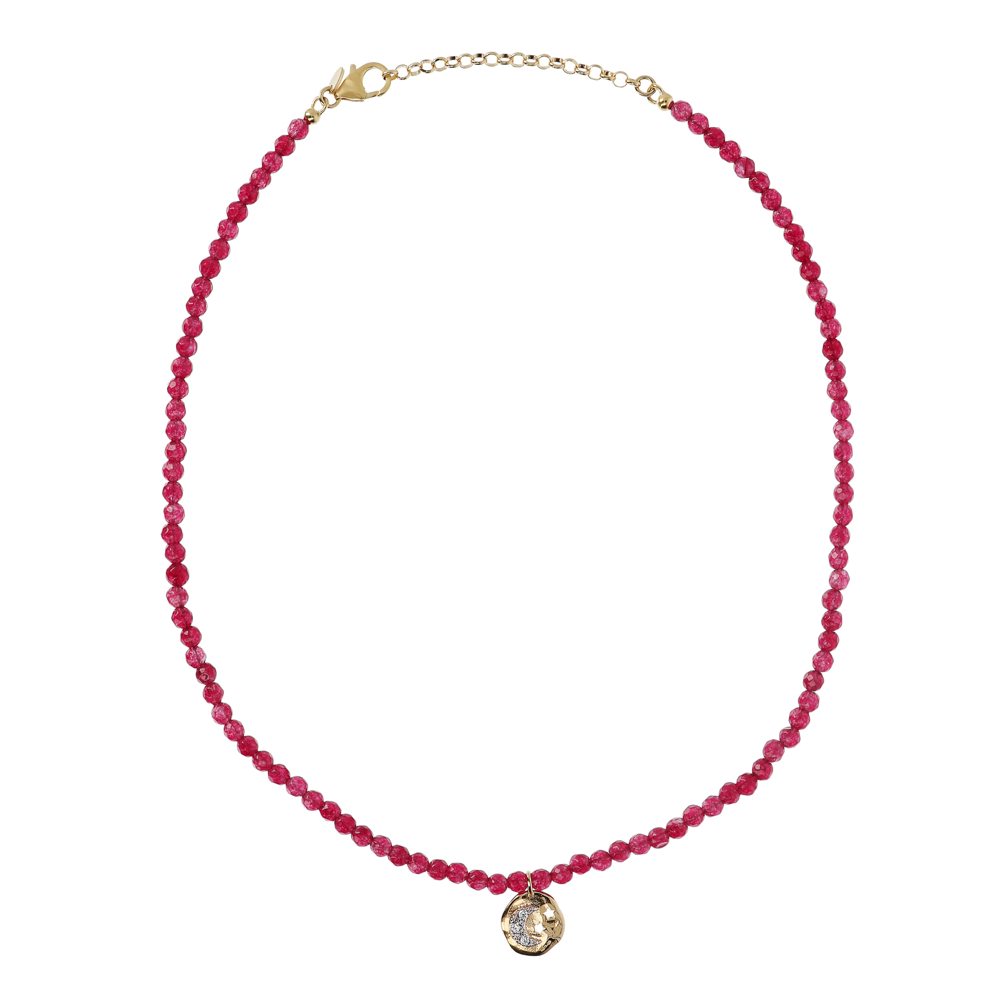 Collana Girocollo in Quarzite Rossa e Pendente Tondo Martellato con Luna in Pavé