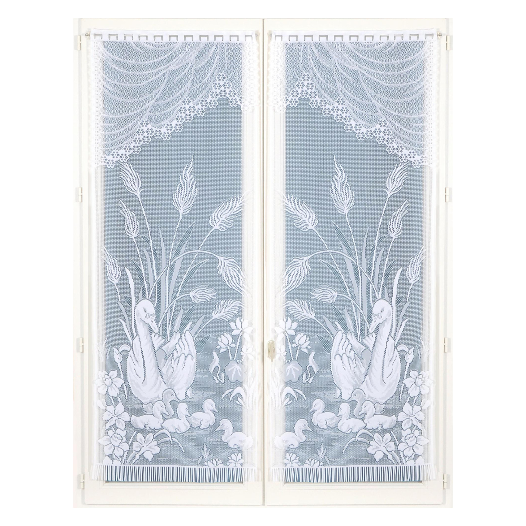 Paire de vitrages frangés en dentelle avec cygnes - Blanc