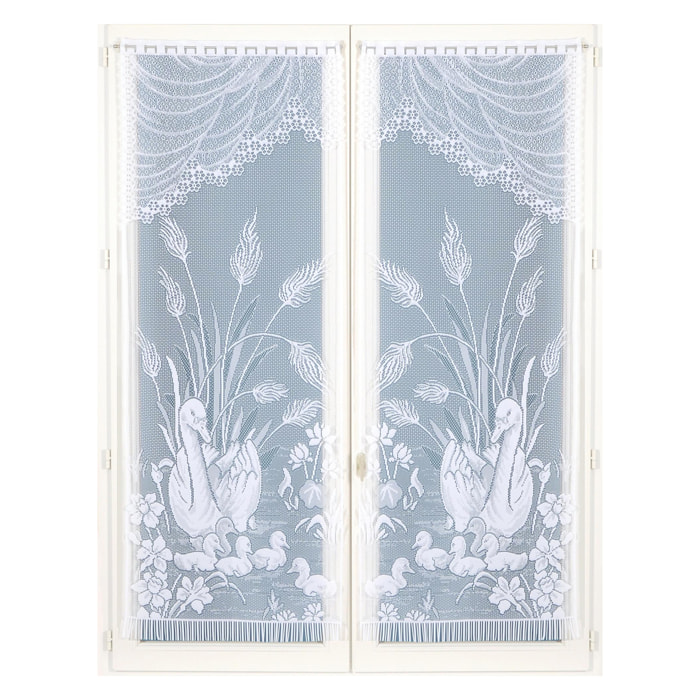 Paire de vitrages frangés en dentelle avec cygnes - Blanc